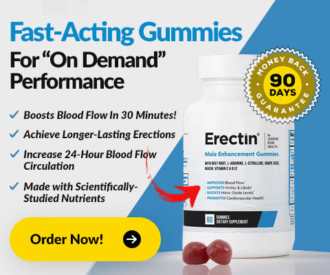Erectin male enhancement gummies packaging with text highlighting benefits and a money-back guarantee badge.